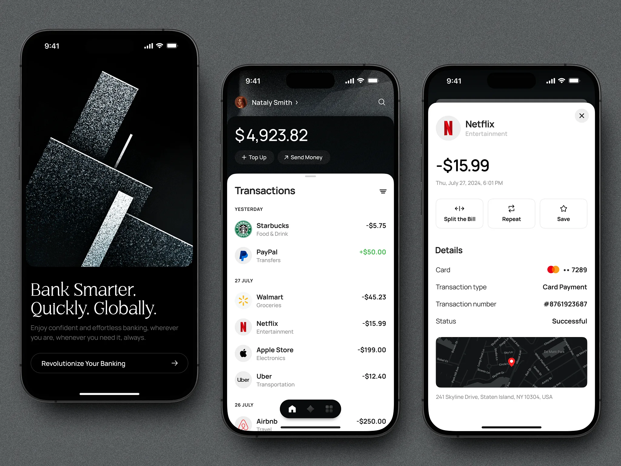 Mobile banking application shown on three phones